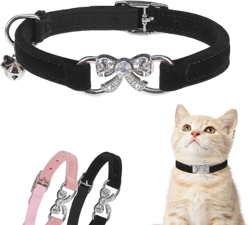 Vista 13 de BINGPET collar ajustable para gatos, de terciopelo suave, seguro, collares Bling diamante con cascabel, Adjustable, Negro Negro
