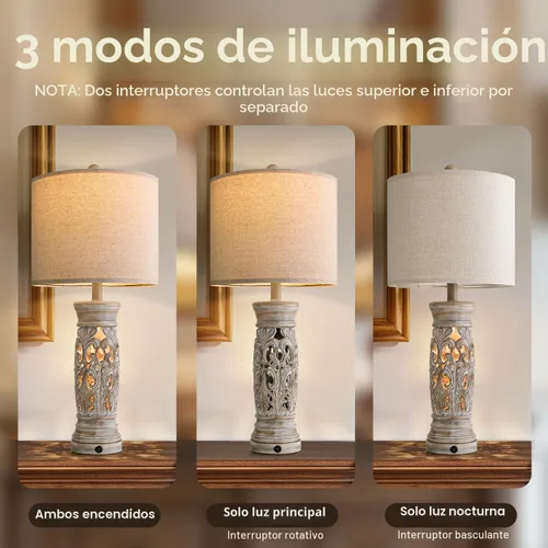 Vista 3 de BOBOMOMO Juego de 2 lámparas de mesa rústicas de granja de 27.25” – Lámparas de noche vintage con luz nocturna y puertos USB A+C, lámparas retro