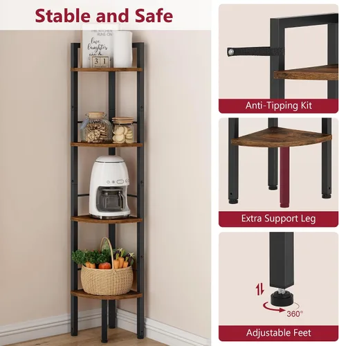 Vista 5 de Tajsoon Corner Shelf Stand 4 Tier 48.5" with Metal Frame, Rustic Brown Marrón rústico
