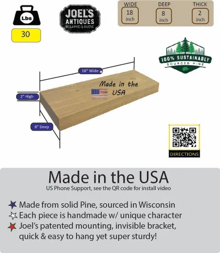 Vista 4 de joelsantiques - Estantes flotantes de madera de 18 pulgadas para pared - 18 x 8 x 2 pulgadas - Hechos de madera natural - Estantes de pared rústicos