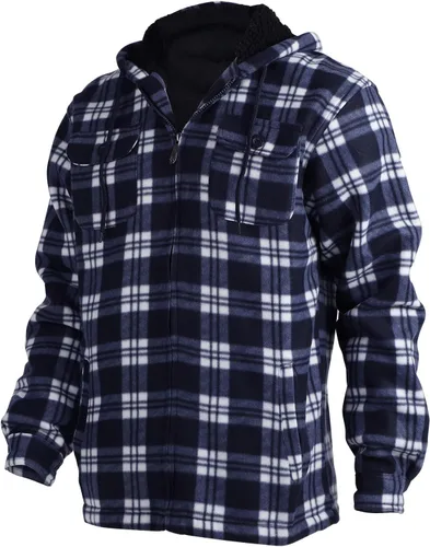 Vista 3 de Chaqueta de franela a cuadros para hombre, de felpa con capucha, sherpa con cremallera, pesada y gruesa, cálida para invierno
