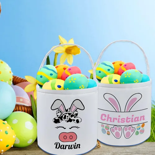 Vista 7 de Cesta de Pascua personalizada con nombre, bolsas de lona personalizadas para niños, cestas de Pascua para bebés, niños y niñas, color azul