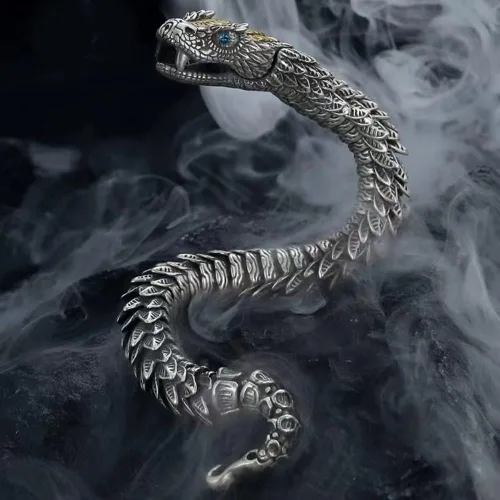 Vista 3 de Pulsera de cadena de serpiente, lujoso estilo de metal antiguo, cobre del zodiaco, serpiente del zodiaco, cierre de gancho, hip hop para hombres