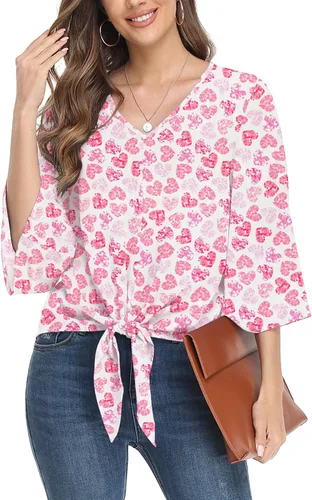 Vista 37 de VIISHOW Blusas de verano para mujer, con botones, cuello en V, de gasa, mangas acampanadas de 3/4, con nudo, casuales 01 Blanco