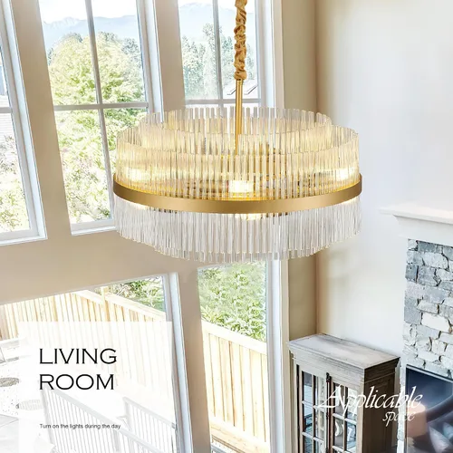 Vista 4 de 23.6" Lámparas de araña doradas modernas, candelabro de vidrio redondo de 2 niveles para comedor, 12 luces, lámparas colgantes para vestíbulo