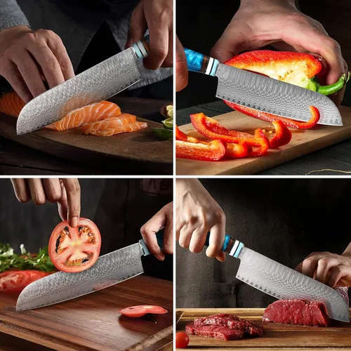 Vista 2 de Kuwata - Cuchillo Santoku profesional, cuchillo de cocina japonés de acero VG10 damasquinado, mango ergonómico de madera para chef, cuchillos