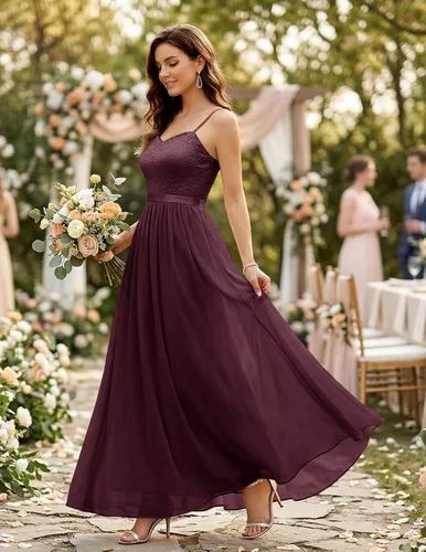 Vista 3 de DRESSTELLS Vestido largo formal de gasa de encaje para mujer 2026 Borgoña