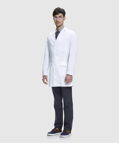 Vista 2 de Dr. James Abrigo de laboratorio de primera calidad con estilo de consulta para hombre, múltiples bolsillos, ajuste a medida, cierre de botón, 36