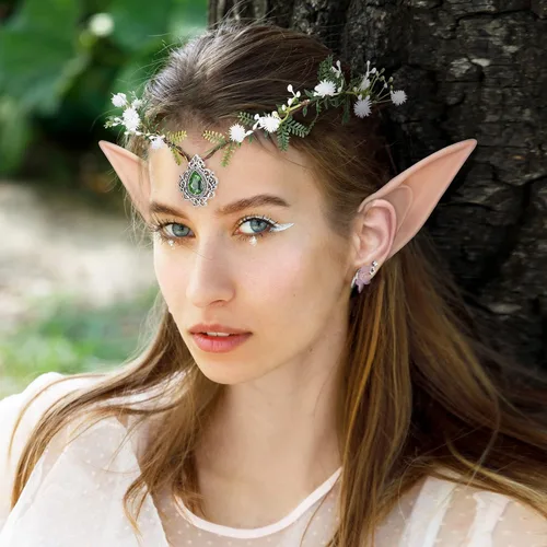 Vista 2 de MOSTORY Orejas de elfo con corona de hada del bosque, disfraces de cosplay, diadema de flores blancas y 2 pares de orejas de pixie suaves