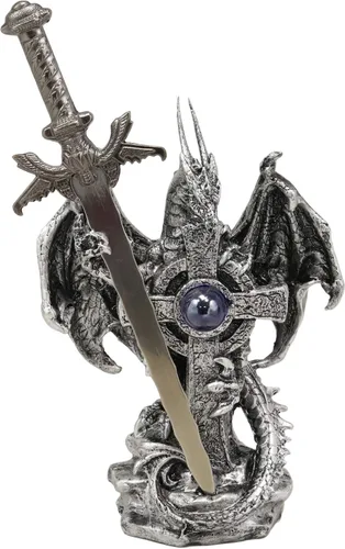 Vista 11 de Ebros Gift Dragón blindado de plata legendario sosteniendo orbe azul y espada draconiana abrecartas escultura escultura decorativa para el hogar