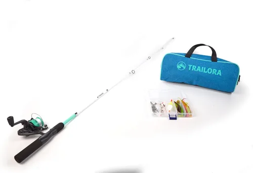 Vista 5 de Kit de pesca con caña, carrete predistribuido, aparejos, ganchos, estuche de transporte con cremallera
