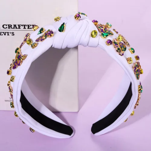 Vista 5 de PHALIN Diadema de Mardi Gras para mujer, accesorios de carnaval de Mardi Gras, corona de flor de lis, diadema con diamantes de imitación y perlas
