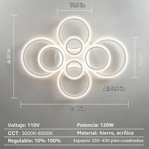 Vista 4 de Lámpara de techo LED moderna de 41 pulgadas con control remoto regulable de 8 anillas, lámpara de techo blanca empotrada para sala de estar