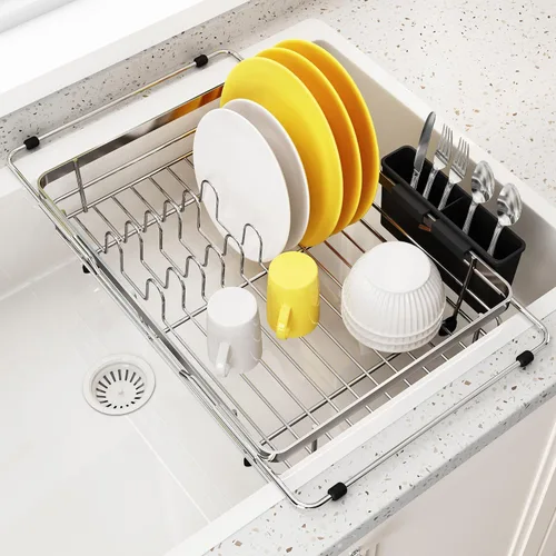 Vista 11 de Estante de secado de platos sobre el fregadero, expandible, pequeño, negro, escurridor para secar para la encimera de la cocina, metal de acero