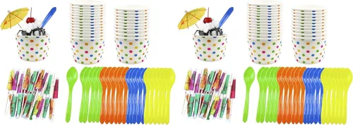 Vista 8 de Copas de helado de papel de lunares de 8 onzas, cucharas de plástico, paraguas de papel, azul, naranja, amarillo, verde, kit de helado Sunddae