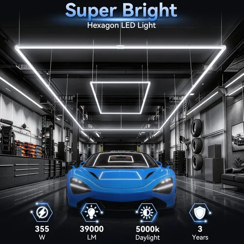 Vista 2 de LZHOME LED Garage Lights: 355W Super Bright Square Garage Lights, 5000K Natural White LED Gym Lighting Hexagon Light for Workshop Warehouse Car