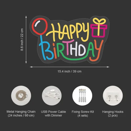 Vista 6 de Letrero de neón de feliz cumpleaños, luces LED alimentadas por USB, decoración de pared para fiesta de cumpleaños con bonito diseño, fácil