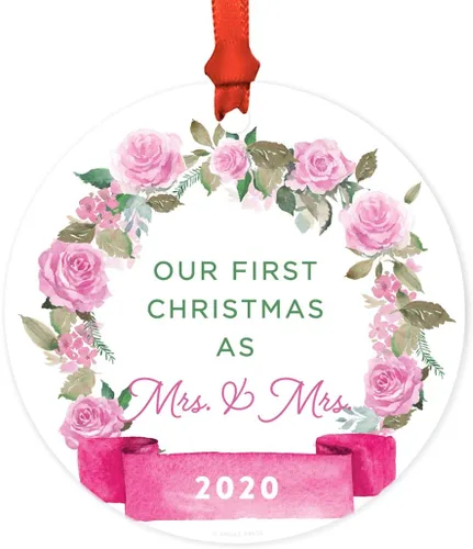 Vista 10 de Andaz Press Adorno de Navidad de madera grabado con láser para aniversario de boda, 1 año juntos, Navidad 2025, pancarta de flores rosas, 1 paquete