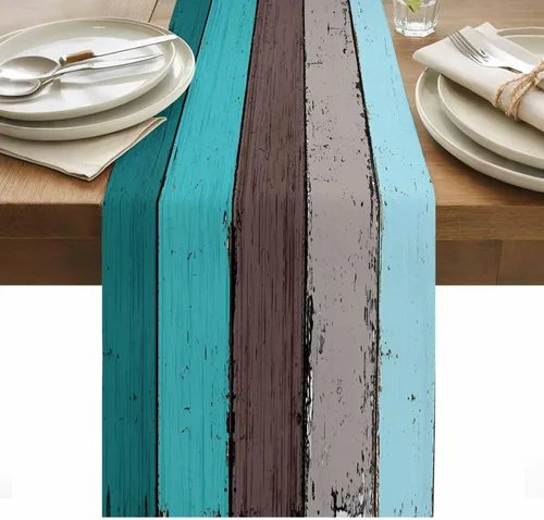 Vista 63 de Vandarllin Camino de mesa de lino y algodón estilo rústico retro, textura de madera de granero, color degradado, azul aguamarina, gris