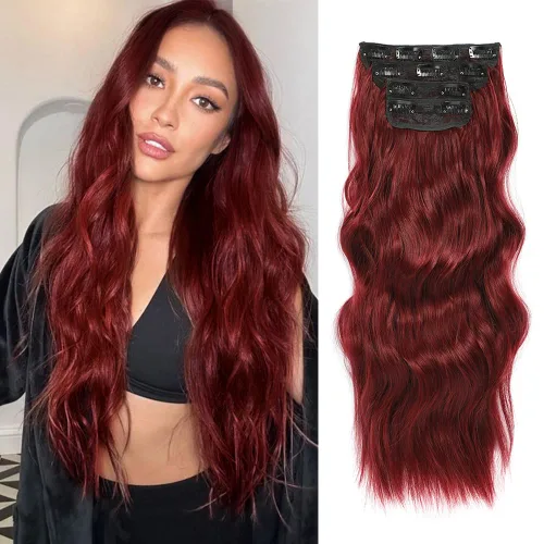 Vista 8 de Extensiones de cabello ondulado largo con clip, 4 piezas de extensiones de cabello sintético grueso con clip, para mujer (#4)