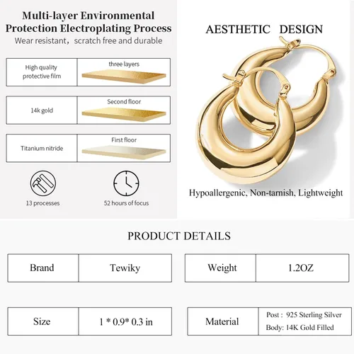 Vista 56 de Aretes de aro gruesos de oro para mujer, chapados en oro de 14 quilates, aretes de aro triple, hipoalergénicos, a la moda, aretes de aro gruesos