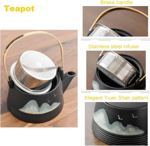 Vista 2 de Juego de té Gongfu, estilo japonés Yuan Shan, tetera de cerámica negra con infusor, 4 tazas y 1 taza de servir, paquete de viaje portátil
