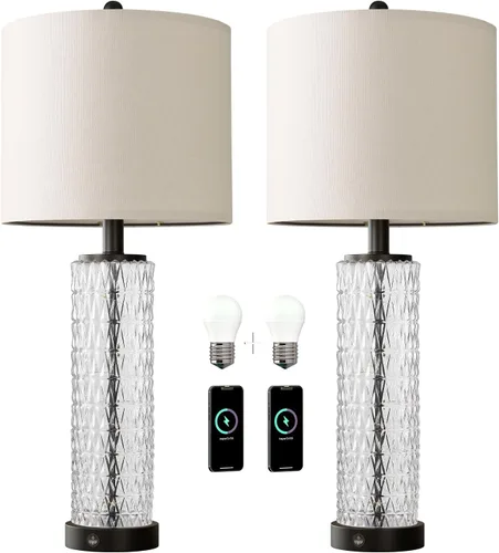 Vista 8 de Oneach Juego de 2 lámparas de mesa de 27.75 pulgadas, lámpara de noche moderna negra con luz nocturna LED, USB A+C, lámparas de vidrio para sala