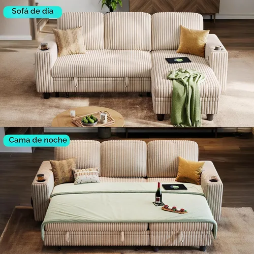Vista 4 de LINSY HOME Sofá modular modular con cama extraíble, sofá en forma de L de 81 pulgadas (3 asientos) con diván de almacenamiento, sofá cama Beige