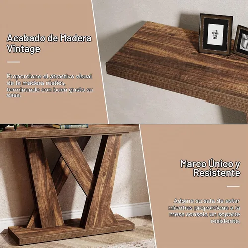Vista 5 de Tribesigns Mesa de consola de 55 pulgadas estilo granja, mesa detrás del sofá con soporte para TV de base geométrica, mesa de sofá delgada