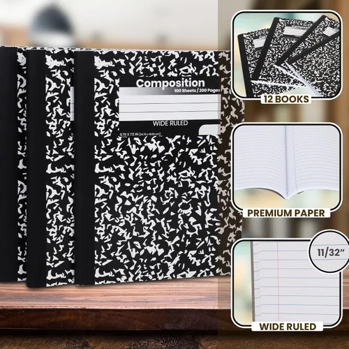 Vista 2 de Cuadernos de composición, diarios de escritura de papel de rayas anchas, libros de composición de cubierta de mármol, 100 hojas, cuadernos