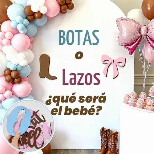 Vista 9 de Adhesivos de madera para señalización de revelación de género, arco de globos "¿Qué será el bebé?", botas o lazos, suministros de decoración
