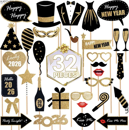 Vista 2 de KatchOn, Accesorios para cabina de fotos de Año Nuevo con purpurina 2026 – Paquete de 32 Accesorios de cabina de fotos de Nochevieja