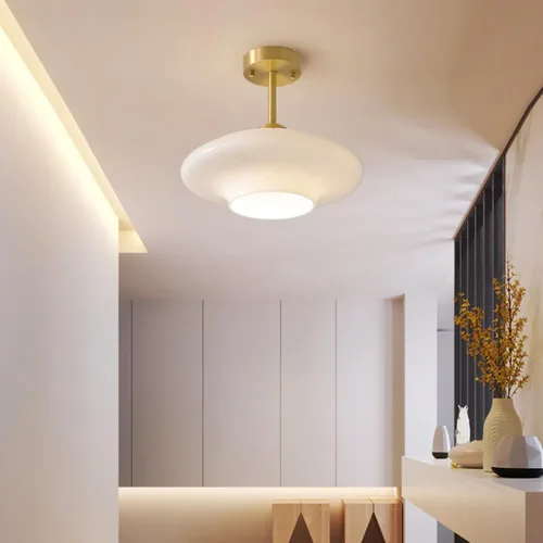 Vista 6 de Lámpara de techo de vidrio blanco moderna de montaje semiempotrado con pantalla de cúpula de globo de leche, luces de techo de mediados de siglo