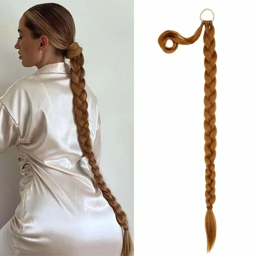 Vista 9 de Extensión de cola de caballo de trenza larga con lazo elástico, 1 unidad, extensiones de cabello sintético lacio y elegante envolvente para mujer
