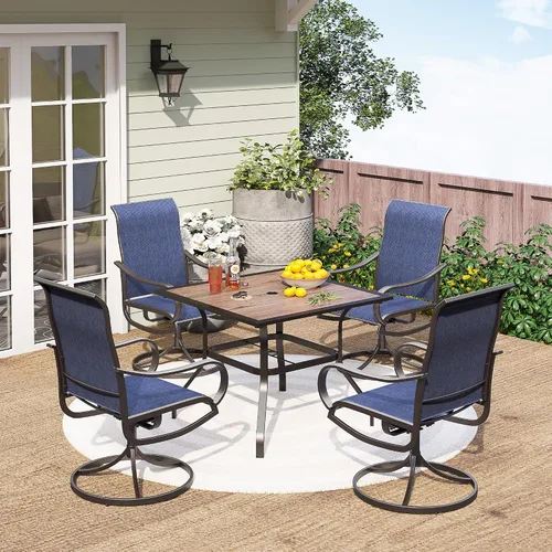 Vista 32 de PHI VILLA Juego de comedor de 5 piezas para patio al aire libre con sillas giratorias (azul) y mesa de comedor de acero de metal de 37 x 37 pulgadas