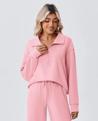 Vista 4 de PINSPARK Conjunto de 2 piezas para mujer con cremallera de 12, sudadera de ajuste holgado, pantalones de pierna recta, traje a juego para otoño