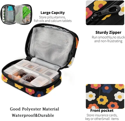 Vista 4 de Fustylead Groovy - Organizador de píldoras de flores, estilo bohemio, retro, 2 veces al día, con cremallera, dispensadores semanales portátiles