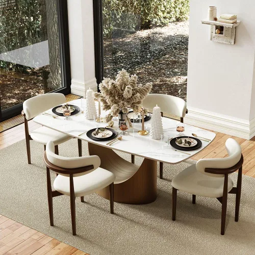 Vista 20 de POVISON Juego de mesa de comedor para 4, mesa rectangular negra de piedra sinterizada mate de 63 pulgadas con base de acero al carbono bronce, silla