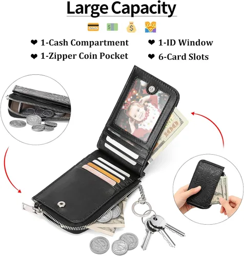 Vista 2 de GAEKEAO Cartera pequeña porta tarjetas de crédito para mujeres RFID de cuero delgada tipo pulsera con llavero y bolsillo con cremallera, Negro