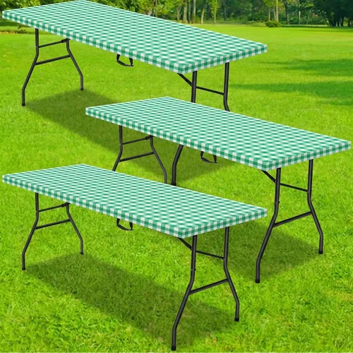 Vista 9 de Mantel rectangular de plástico para mesa de pícnic, 3 piezas, de 30 x 72 pulgadas, vinilo impermeable con parte trasera de franela con borde