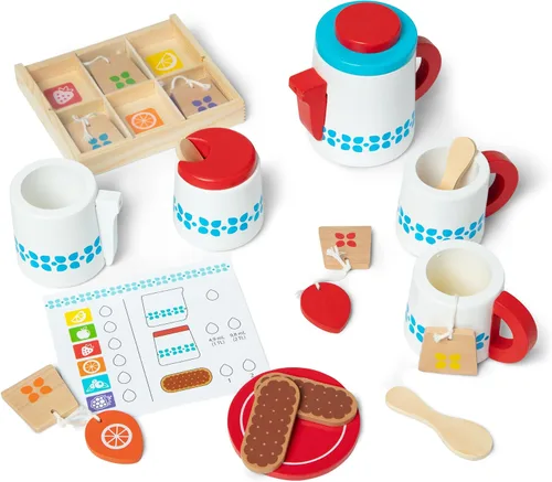 Vista 4 de Melissa & Doug 22 piezas Steep y Serve Juego de té de madera, accesorios de cocina y alimentos.