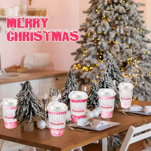 Vista 6 de Ziliny 100 juegos de tazas de papel de Navidad con manga y tapa con pajita, tazas de chocolate caliente y cacao para fiestas de Navidad, suministros