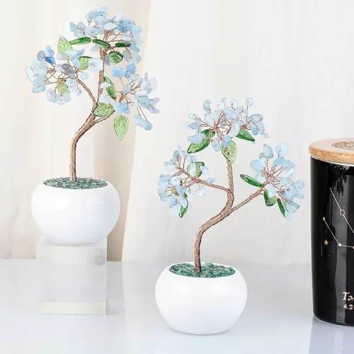 Vista 5 de Rockcloud Árbol de dinero de cristal curativo de aguamarina de 6.5 pulgadas, bonsái Fengshui con base de cerámica para buena suerte, riqueza