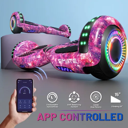 Vista 3 de SIMATE Scooter con accesorio de asiento, tablas de equilibrio automático de 6.5 pulgadas con altavoces Bluetooth y luces LED para niños, adultos