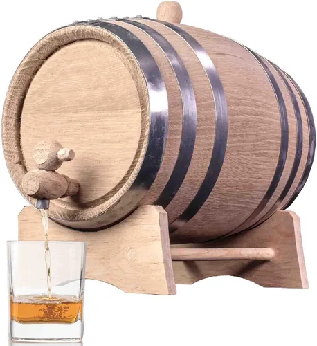 Vista 13 de Barril de envejecimiento de roble de 1 litro (Serie de destilería - aros de acero, sin barnizar) con soporte de madera, bung y espita - Barriles