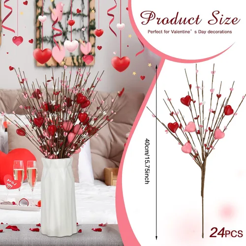 Vista 2 de Lyrow 24 tallos artificiales de bayas para el día de San Valentín, ramas en forma de corazón, ramas para primavera, día de la madre, Navidad, boda