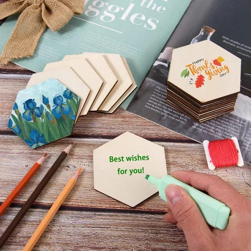 Vista 3 de 100 piezas de madera hexagonal sin terminar, recortes de madera en blanco con forma de hexágono, losas de madera natural, recortes