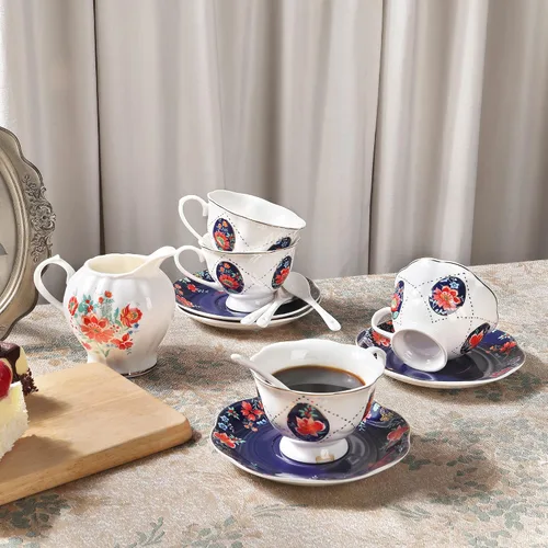 Vista 4 de fanquare Juego de té de porcelana victoriana de 21 piezas para 6, juego de tazas de té floral británicas reales para mujeres, juego de fiesta de té