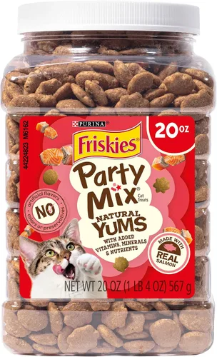 Vista 9 de Purina Friskies Golosinas Naturales para Gatos, Party Mix Natural Yums con Salmón Real y Vitaminas, Minerales y Nutrientes - (Paquete de 10) Bolsas