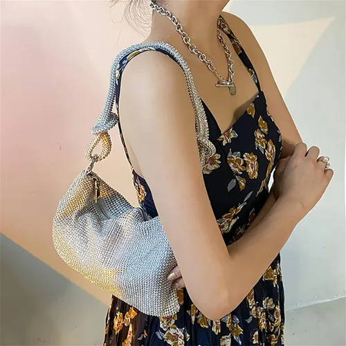 Vista 5 de Monederos brillantes para mujer, bolsos de mano con diamantes de imitación, bolsa de lentejuelas metálicas para fiestas, bodas, discotecas, bailes